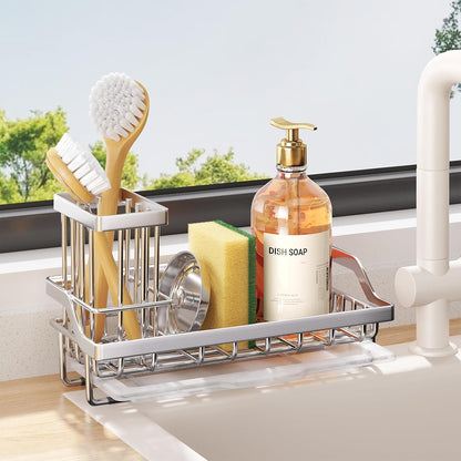 Sponge Holder for Kitchen Sink - Kitchen Sink Caddy Organizer with Removable Drip Tray for Countertop Dish Soap Dispenser Brush Storage Accessories 304 Stainless Steel - Black