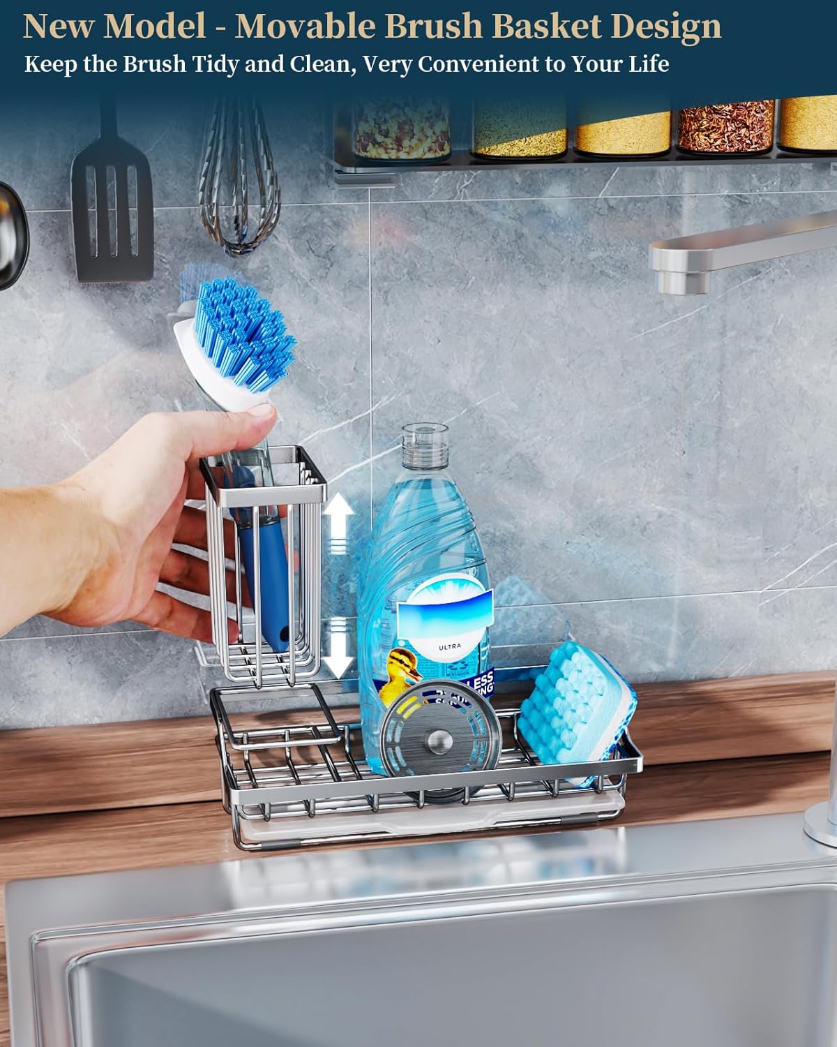 Sponge Holder for Kitchen Sink - Kitchen Sink Caddy Organizer with Removable Drip Tray for Countertop Dish Soap Dispenser Brush Storage Accessories 304 Stainless Steel - Black