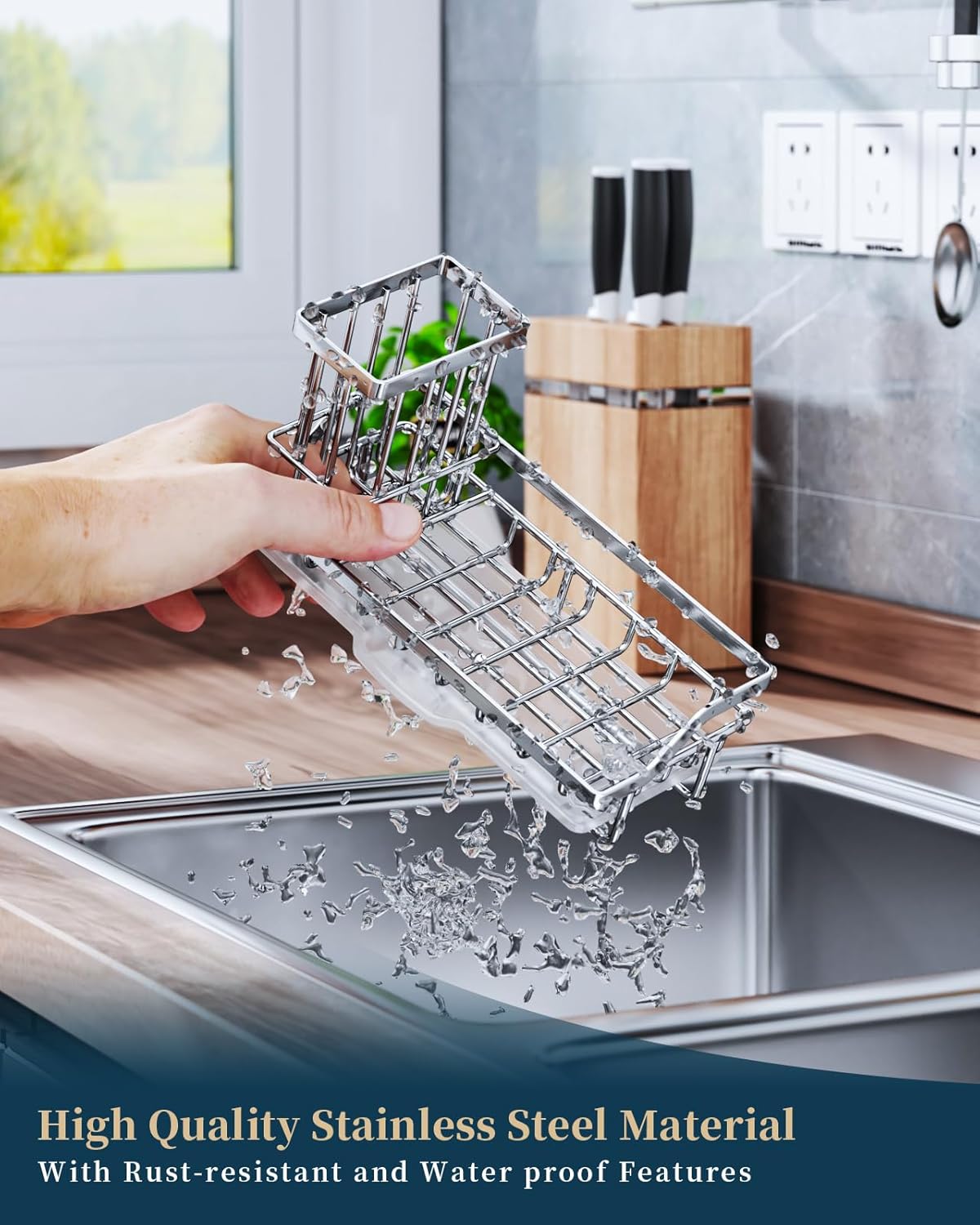 Sponge Holder for Kitchen Sink - Kitchen Sink Caddy Organizer with Removable Drip Tray for Countertop Dish Soap Dispenser Brush Storage Accessories 304 Stainless Steel - Black