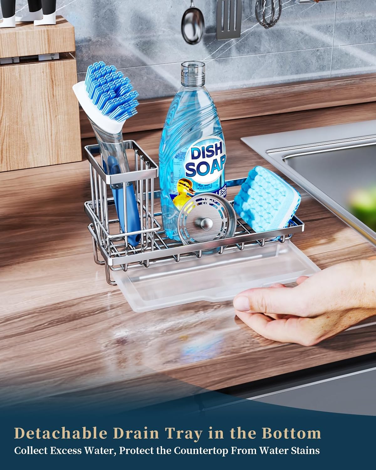 Sponge Holder for Kitchen Sink - Kitchen Sink Caddy Organizer with Removable Drip Tray for Countertop Dish Soap Dispenser Brush Storage Accessories 304 Stainless Steel - Black