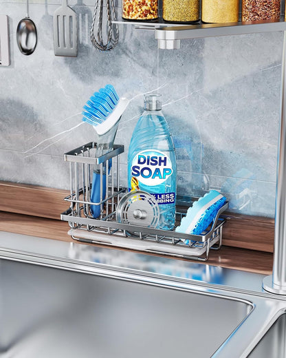 Sponge Holder for Kitchen Sink - Kitchen Sink Caddy Organizer with Removable Drip Tray for Countertop Dish Soap Dispenser Brush Storage Accessories 304 Stainless Steel - Black