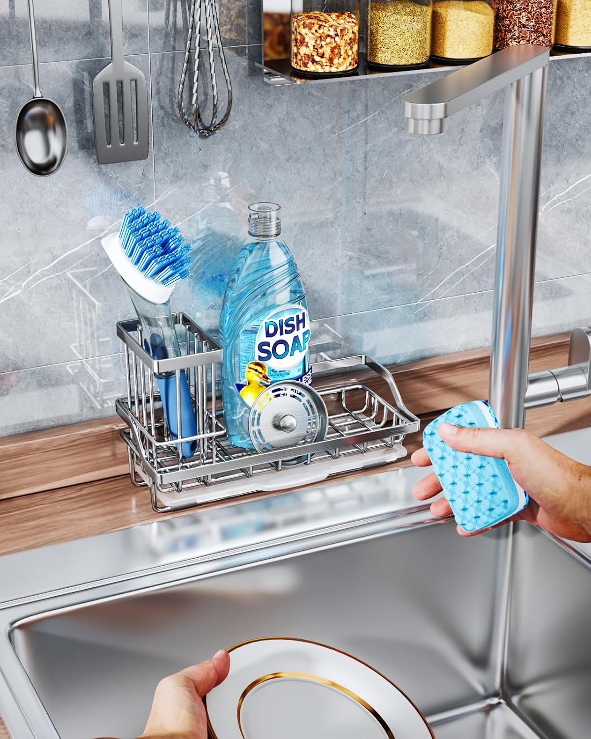 Sponge Holder for Kitchen Sink - Kitchen Sink Caddy Organizer with Removable Drip Tray for Countertop Dish Soap Dispenser Brush Storage Accessories 304 Stainless Steel - Black