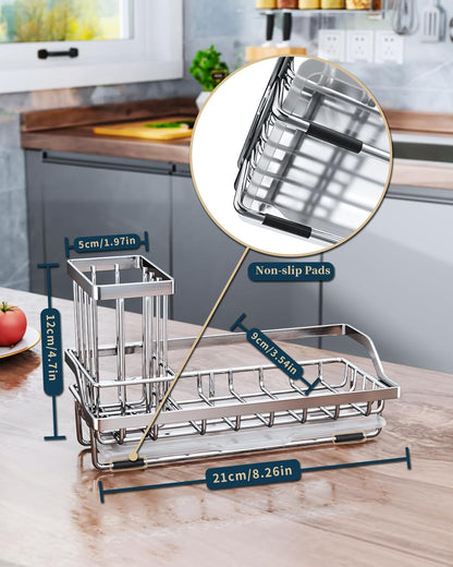Sponge Holder for Kitchen Sink - Kitchen Sink Caddy Organizer with Removable Drip Tray for Countertop Dish Soap Dispenser Brush Storage Accessories 304 Stainless Steel - Black