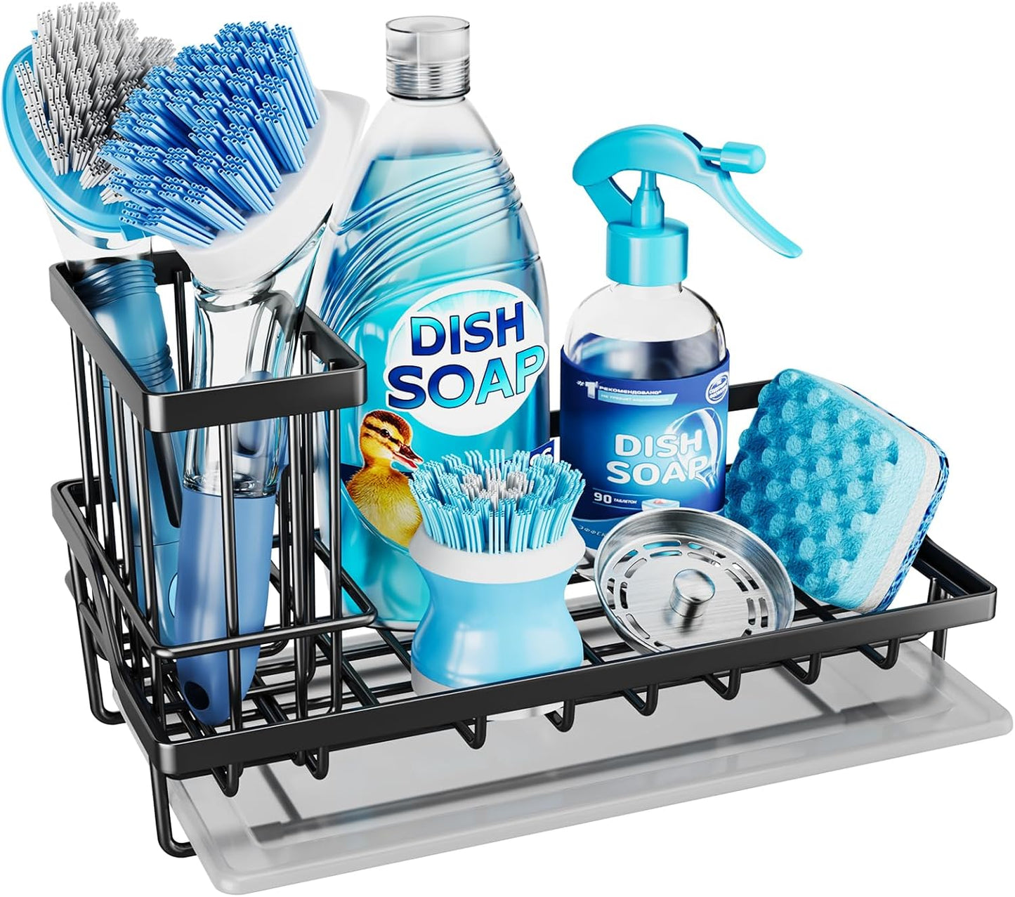 Sponge Holder for Kitchen Sink - Kitchen Sink Caddy Organizer with Removable Drip Tray for Countertop Dish Soap Dispenser Brush Storage Accessories 304 Stainless Steel - Black