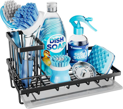 Sponge Holder for Kitchen Sink - Kitchen Sink Caddy Organizer with Removable Drip Tray for Countertop Dish Soap Dispenser Brush Storage Accessories 304 Stainless Steel - Black