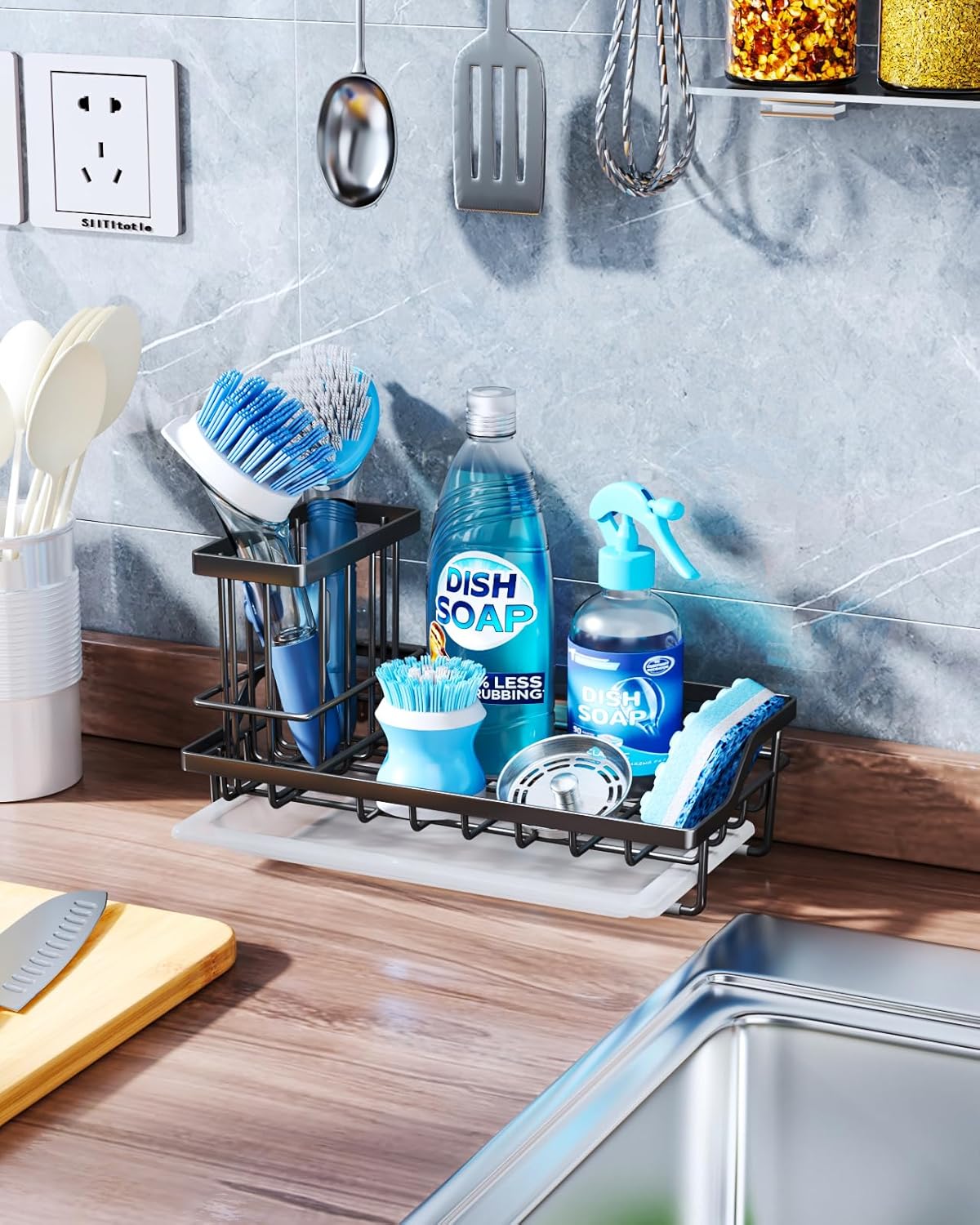 Sponge Holder for Kitchen Sink - Kitchen Sink Caddy Organizer with Removable Drip Tray for Countertop Dish Soap Dispenser Brush Storage Accessories 304 Stainless Steel - Black