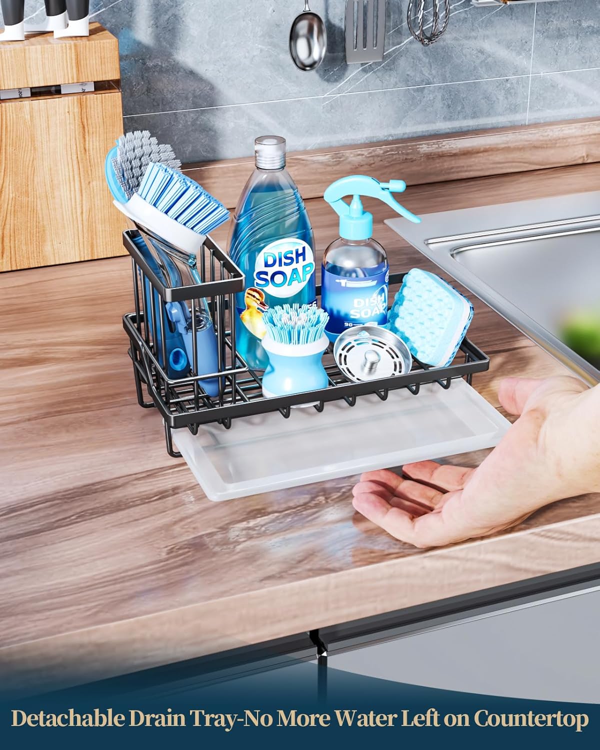 Sponge Holder for Kitchen Sink - Kitchen Sink Caddy Organizer with Removable Drip Tray for Countertop Dish Soap Dispenser Brush Storage Accessories 304 Stainless Steel - Black