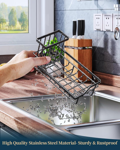 Sponge Holder for Kitchen Sink - Kitchen Sink Caddy Organizer with Removable Drip Tray for Countertop Dish Soap Dispenser Brush Storage Accessories 304 Stainless Steel - Black