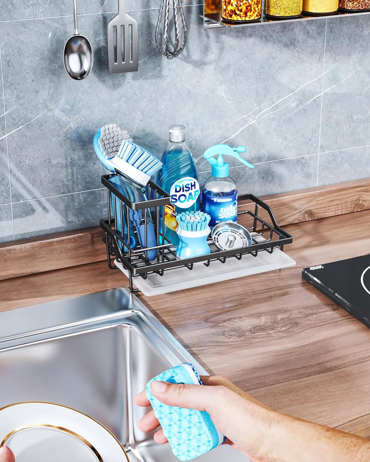 Sponge Holder for Kitchen Sink - Kitchen Sink Caddy Organizer with Removable Drip Tray for Countertop Dish Soap Dispenser Brush Storage Accessories 304 Stainless Steel - Black
