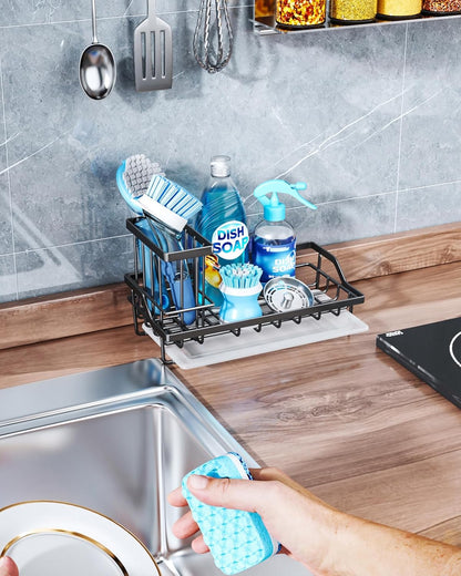 Sponge Holder for Kitchen Sink - Kitchen Sink Caddy Organizer with Removable Drip Tray for Countertop Dish Soap Dispenser Brush Storage Accessories 304 Stainless Steel - Black