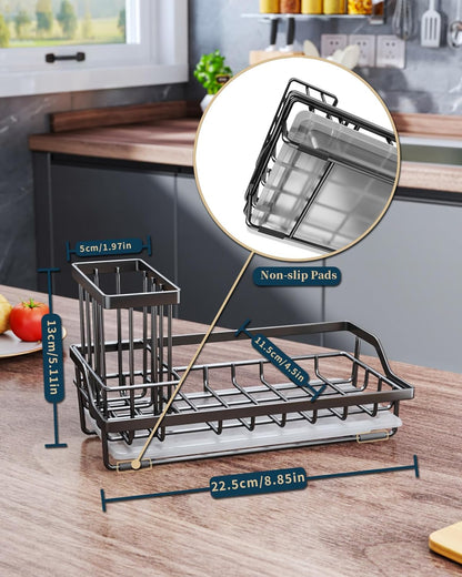 Sponge Holder for Kitchen Sink - Kitchen Sink Caddy Organizer with Removable Drip Tray for Countertop Dish Soap Dispenser Brush Storage Accessories 304 Stainless Steel - Black