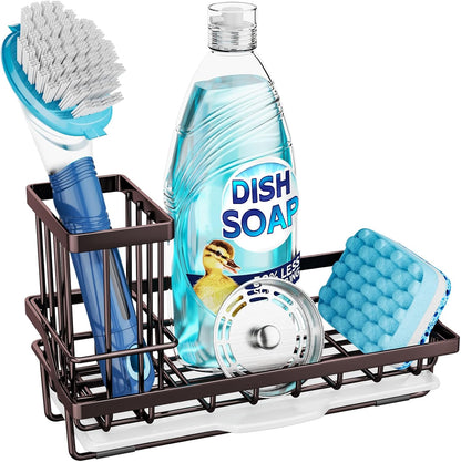 Sponge Holder for Kitchen Sink - Kitchen Sink Caddy Organizer with Removable Drip Tray for Countertop Dish Soap Dispenser Brush Storage Accessories 304 Stainless Steel - Black