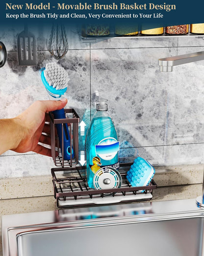 Sponge Holder for Kitchen Sink - Kitchen Sink Caddy Organizer with Removable Drip Tray for Countertop Dish Soap Dispenser Brush Storage Accessories 304 Stainless Steel - Black
