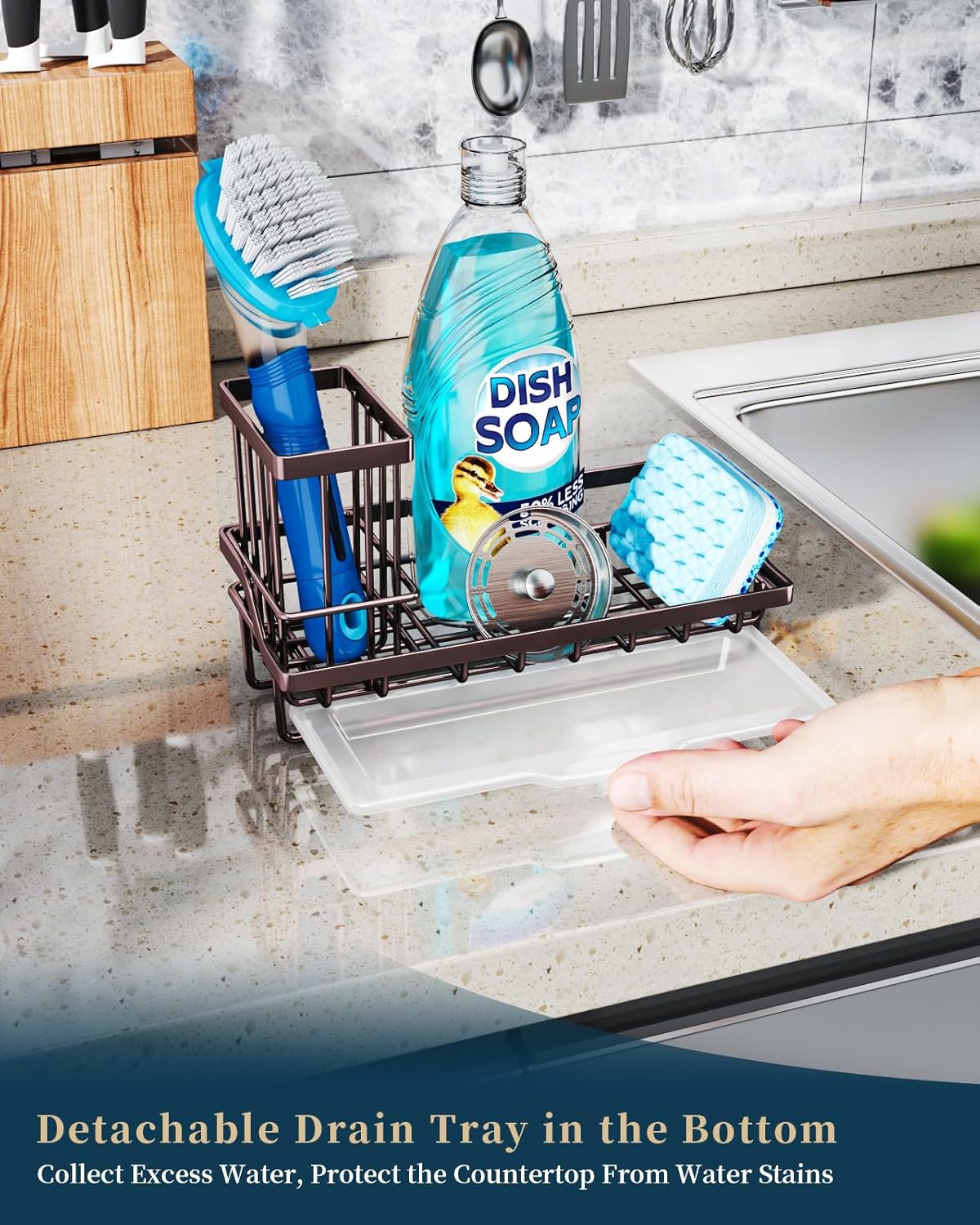 Sponge Holder for Kitchen Sink - Kitchen Sink Caddy Organizer with Removable Drip Tray for Countertop Dish Soap Dispenser Brush Storage Accessories 304 Stainless Steel - Black