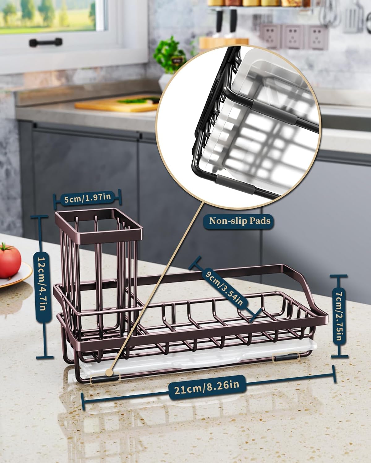 Sponge Holder for Kitchen Sink - Kitchen Sink Caddy Organizer with Removable Drip Tray for Countertop Dish Soap Dispenser Brush Storage Accessories 304 Stainless Steel - Black