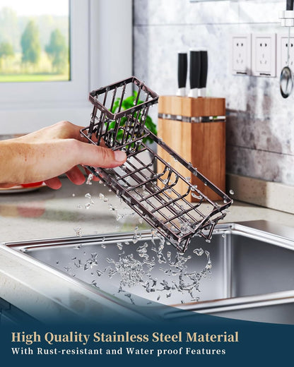 Sponge Holder for Kitchen Sink - Kitchen Sink Caddy Organizer with Removable Drip Tray for Countertop Dish Soap Dispenser Brush Storage Accessories 304 Stainless Steel - Black