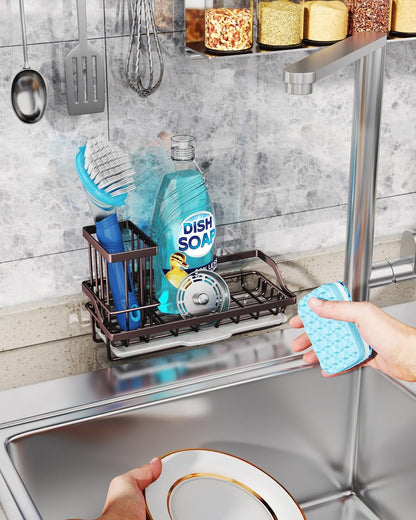 Sponge Holder for Kitchen Sink - Kitchen Sink Caddy Organizer with Removable Drip Tray for Countertop Dish Soap Dispenser Brush Storage Accessories 304 Stainless Steel - Black