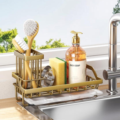 Sponge Holder for Kitchen Sink - Kitchen Sink Caddy Organizer with Removable Drip Tray for Countertop Dish Soap Dispenser Brush Storage Accessories 304 Stainless Steel - Black