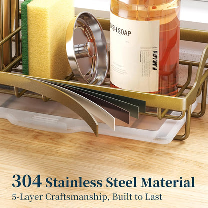 Sponge Holder for Kitchen Sink - Kitchen Sink Caddy Organizer with Removable Drip Tray for Countertop Dish Soap Dispenser Brush Storage Accessories 304 Stainless Steel - Black