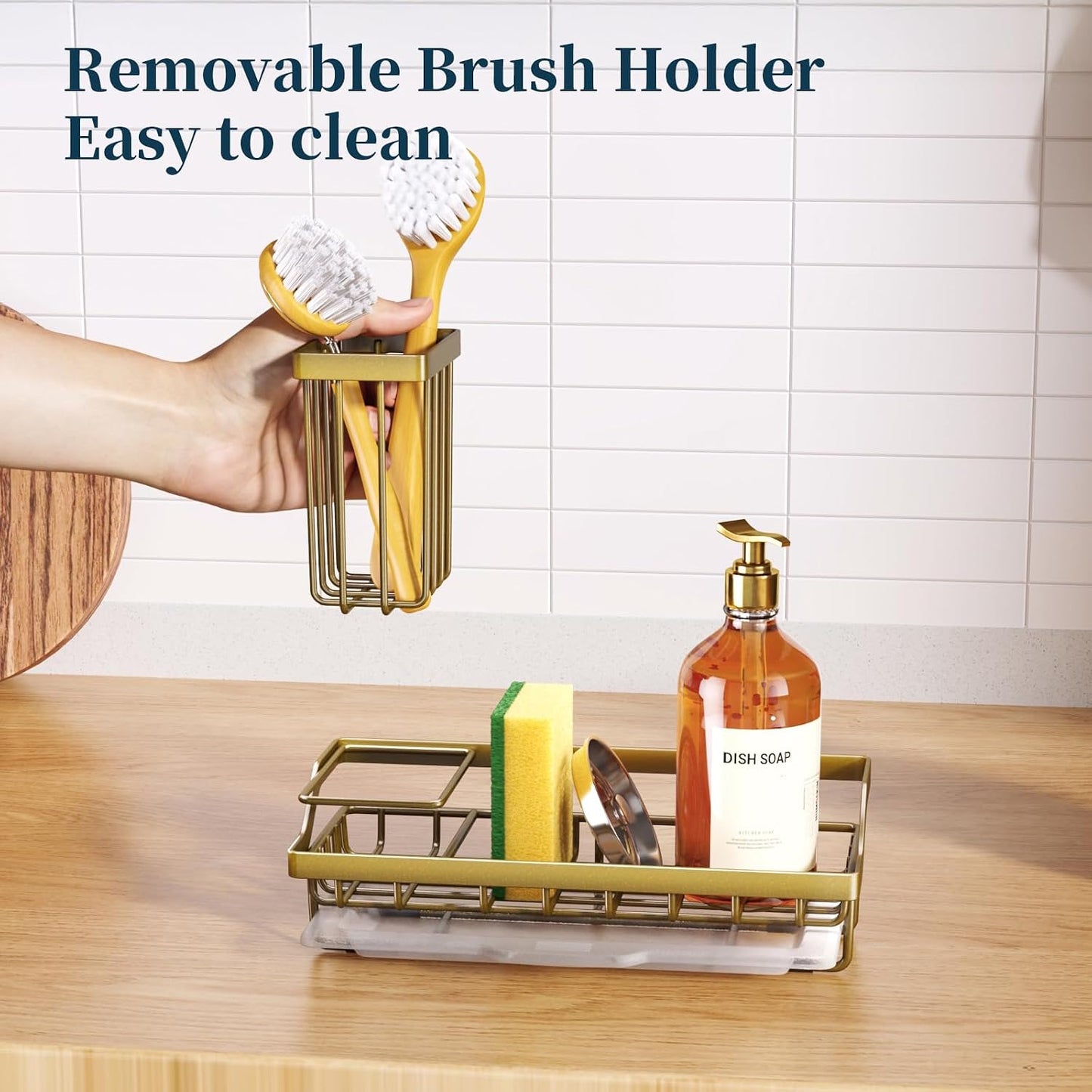 Sponge Holder for Kitchen Sink - Kitchen Sink Caddy Organizer with Removable Drip Tray for Countertop Dish Soap Dispenser Brush Storage Accessories 304 Stainless Steel - Black