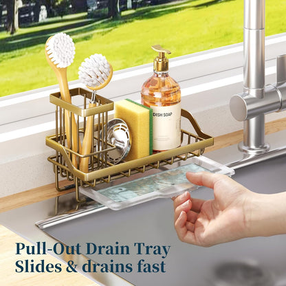 Sponge Holder for Kitchen Sink - Kitchen Sink Caddy Organizer with Removable Drip Tray for Countertop Dish Soap Dispenser Brush Storage Accessories 304 Stainless Steel - Black