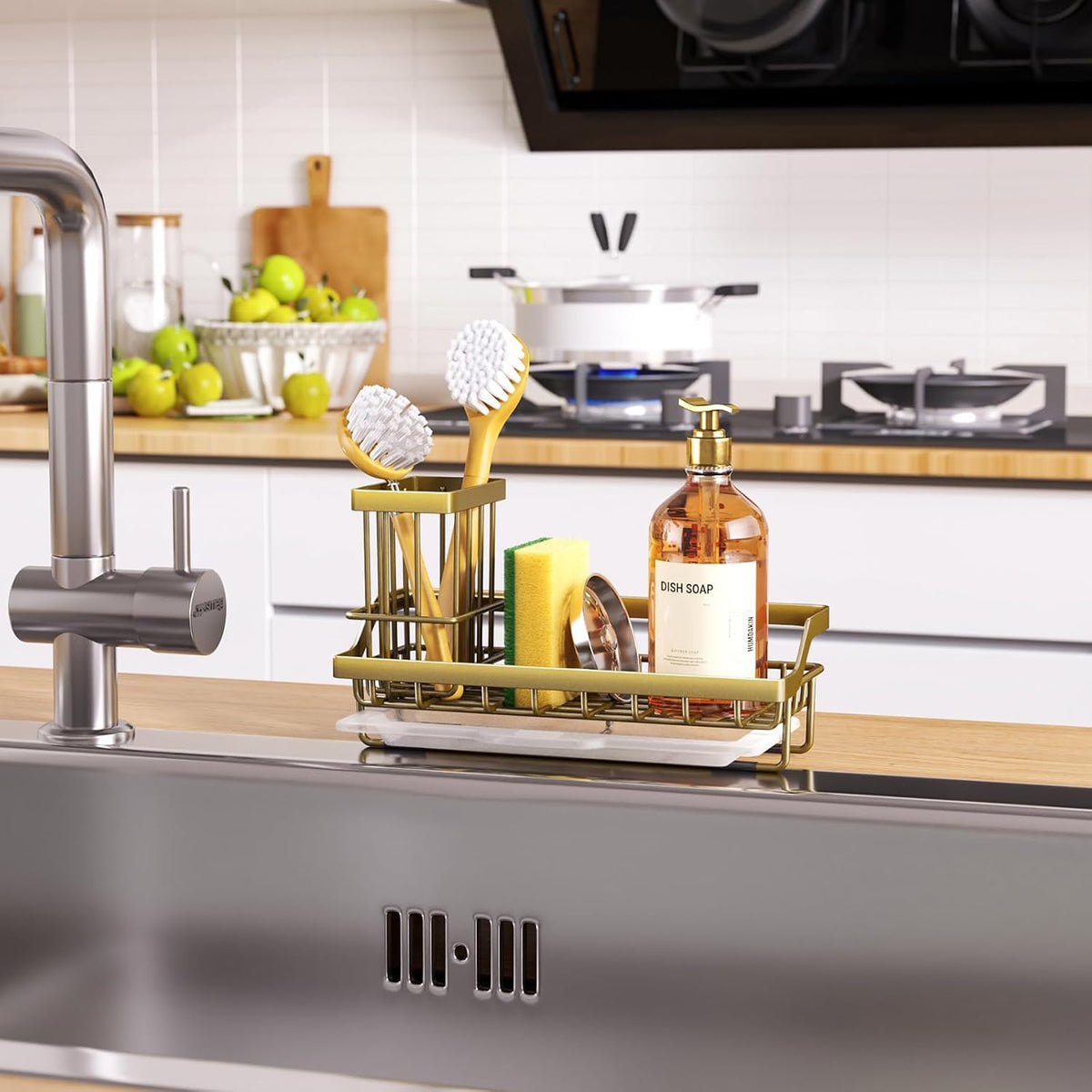 Sponge Holder for Kitchen Sink - Kitchen Sink Caddy Organizer with Removable Drip Tray for Countertop Dish Soap Dispenser Brush Storage Accessories 304 Stainless Steel - Black