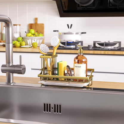 Sponge Holder for Kitchen Sink - Kitchen Sink Caddy Organizer with Removable Drip Tray for Countertop Dish Soap Dispenser Brush Storage Accessories 304 Stainless Steel - Black