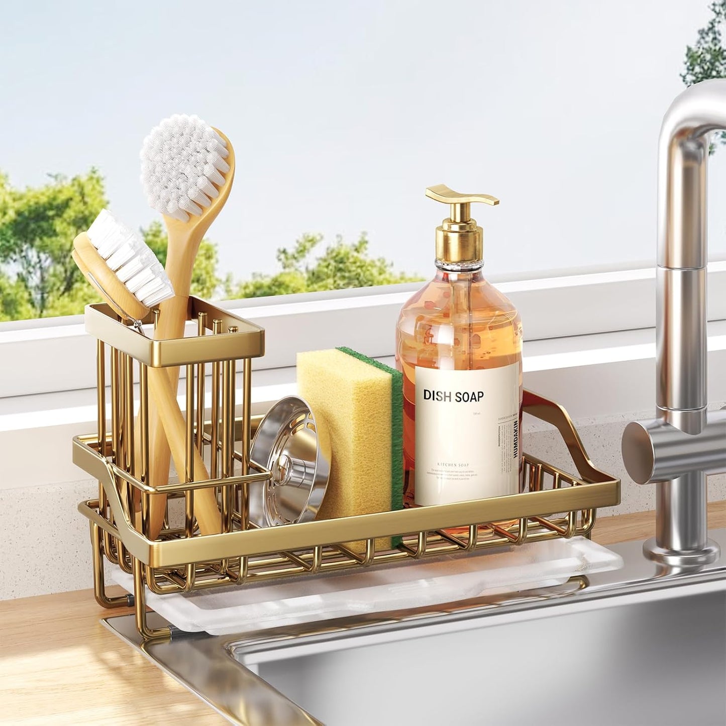 Sponge Holder for Kitchen Sink - Kitchen Sink Caddy Organizer with Removable Drip Tray for Countertop Dish Soap Dispenser Brush Storage Accessories 304 Stainless Steel - Black