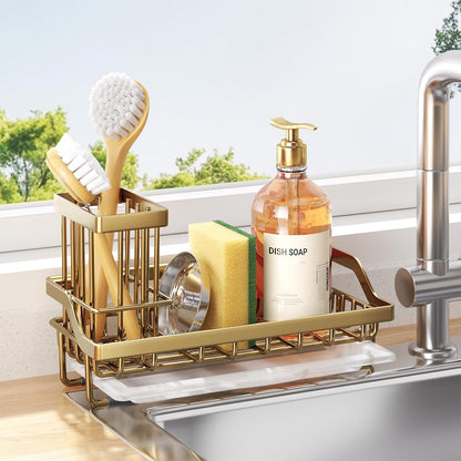 Sponge Holder for Kitchen Sink - Kitchen Sink Caddy Organizer with Removable Drip Tray for Countertop Dish Soap Dispenser Brush Storage Accessories 304 Stainless Steel - Black
