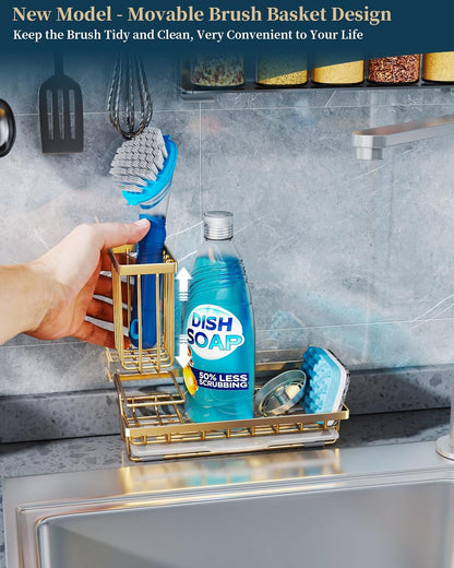 Sponge Holder for Kitchen Sink - Kitchen Sink Caddy Organizer with Removable Drip Tray for Countertop Dish Soap Dispenser Brush Storage Accessories 304 Stainless Steel - Black