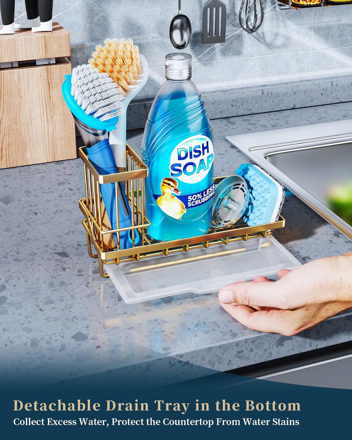 Sponge Holder for Kitchen Sink - Kitchen Sink Caddy Organizer with Removable Drip Tray for Countertop Dish Soap Dispenser Brush Storage Accessories 304 Stainless Steel - Black