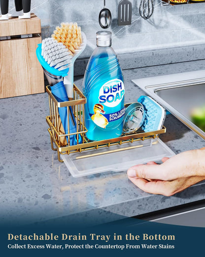 Sponge Holder for Kitchen Sink - Kitchen Sink Caddy Organizer with Removable Drip Tray for Countertop Dish Soap Dispenser Brush Storage Accessories 304 Stainless Steel - Black