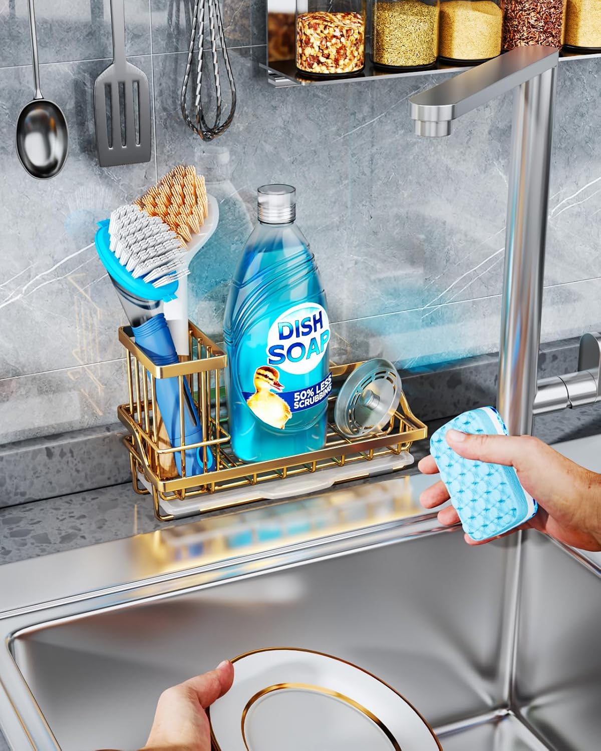 Sponge Holder for Kitchen Sink - Kitchen Sink Caddy Organizer with Removable Drip Tray for Countertop Dish Soap Dispenser Brush Storage Accessories 304 Stainless Steel - Black