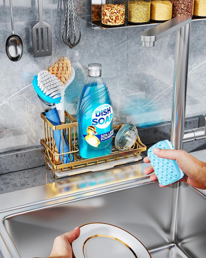 Sponge Holder for Kitchen Sink - Kitchen Sink Caddy Organizer with Removable Drip Tray for Countertop Dish Soap Dispenser Brush Storage Accessories 304 Stainless Steel - Black