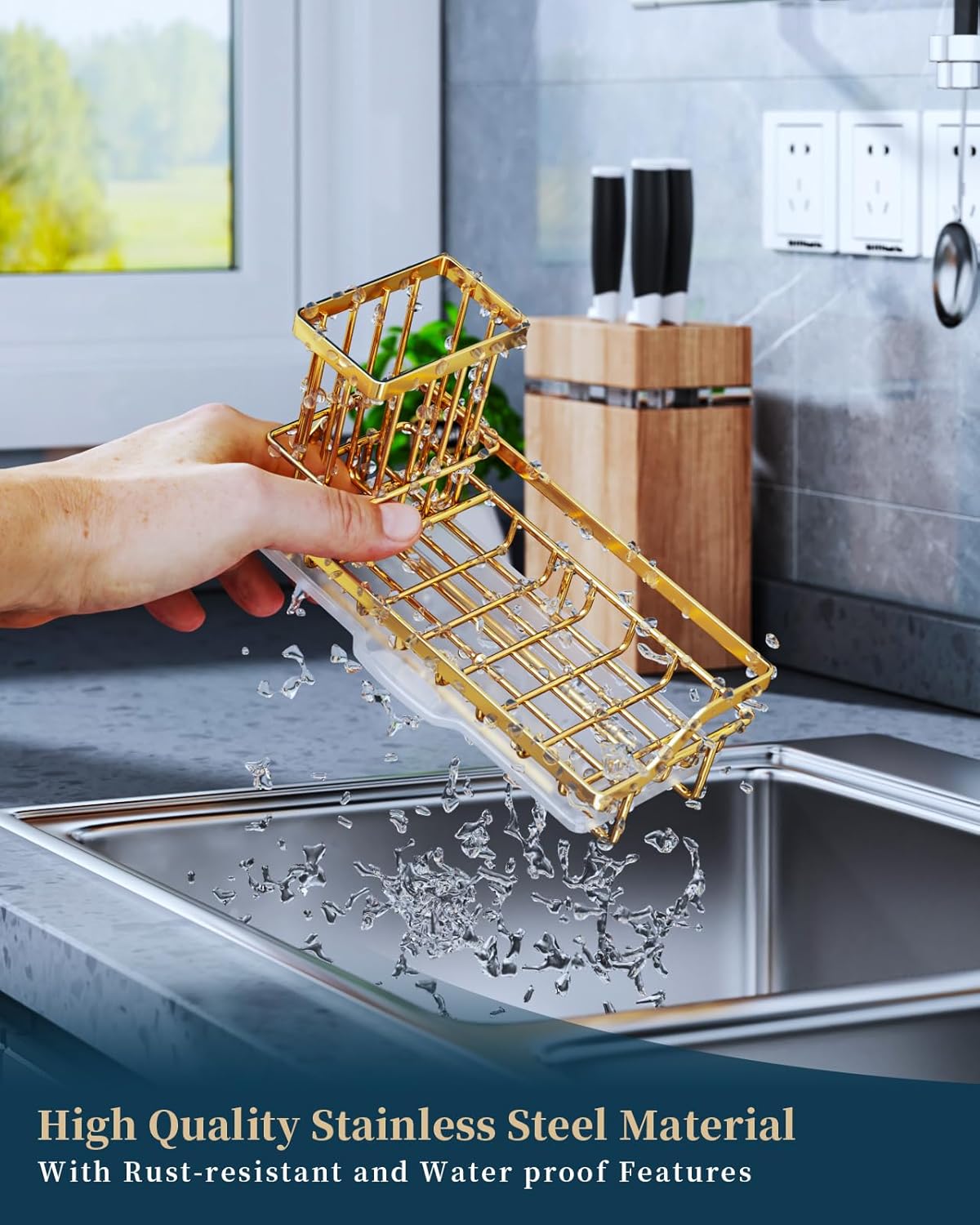 Sponge Holder for Kitchen Sink - Kitchen Sink Caddy Organizer with Removable Drip Tray for Countertop Dish Soap Dispenser Brush Storage Accessories 304 Stainless Steel - Black