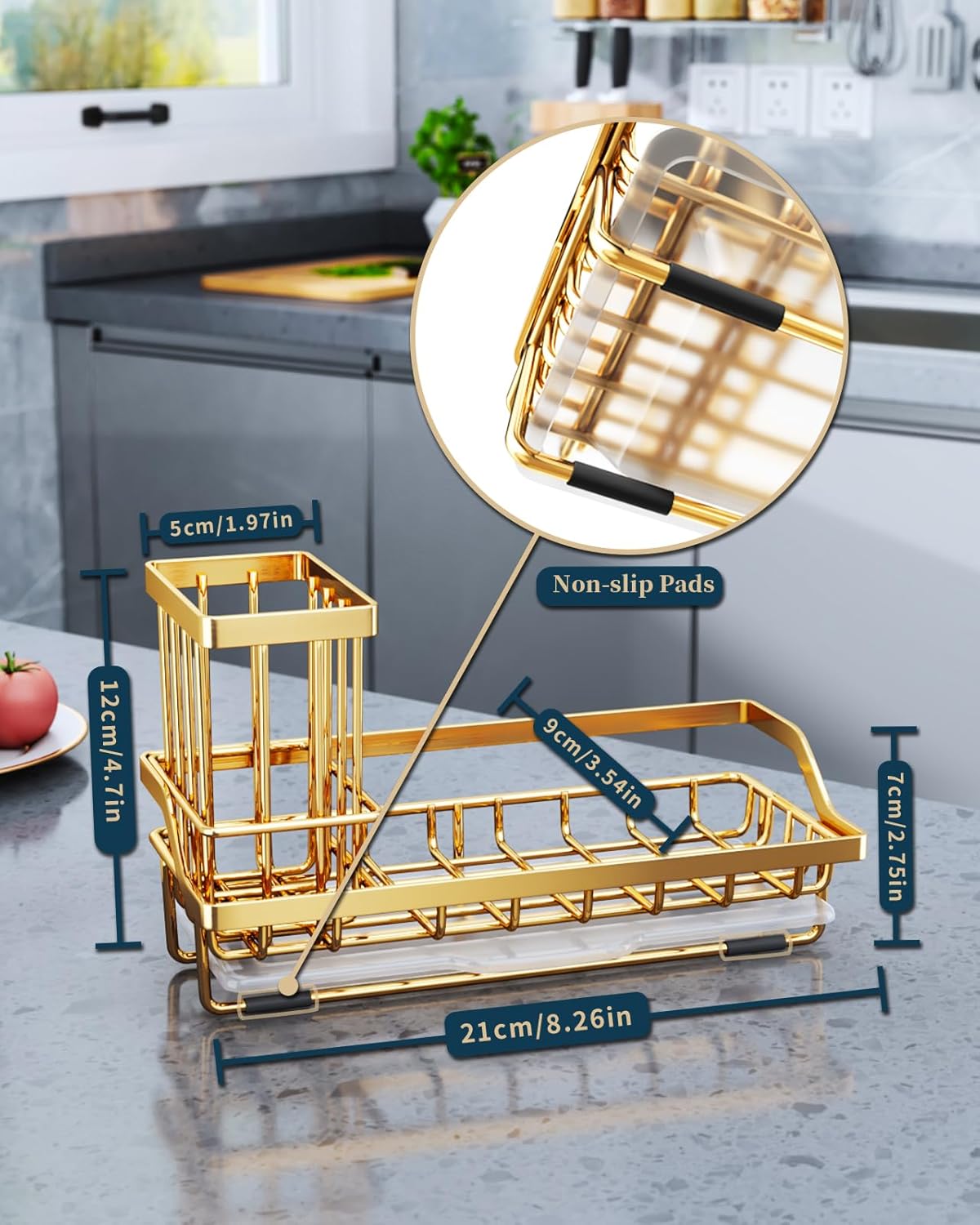 Sponge Holder for Kitchen Sink - Kitchen Sink Caddy Organizer with Removable Drip Tray for Countertop Dish Soap Dispenser Brush Storage Accessories 304 Stainless Steel - Black