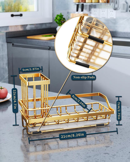 Sponge Holder for Kitchen Sink - Kitchen Sink Caddy Organizer with Removable Drip Tray for Countertop Dish Soap Dispenser Brush Storage Accessories 304 Stainless Steel - Black