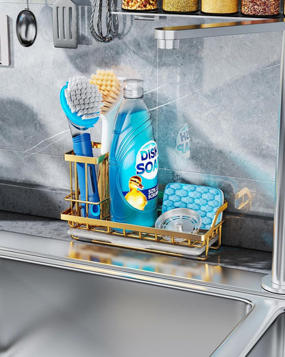 Sponge Holder for Kitchen Sink - Kitchen Sink Caddy Organizer with Removable Drip Tray for Countertop Dish Soap Dispenser Brush Storage Accessories 304 Stainless Steel - Black