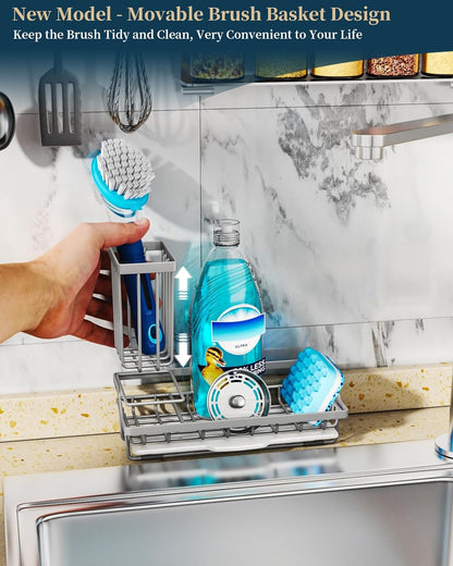 Sponge Holder for Kitchen Sink - Kitchen Sink Caddy Organizer with Removable Drip Tray for Countertop Dish Soap Dispenser Brush Storage Accessories 304 Stainless Steel - Black