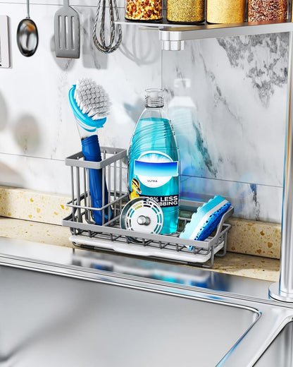 Sponge Holder for Kitchen Sink - Kitchen Sink Caddy Organizer with Removable Drip Tray for Countertop Dish Soap Dispenser Brush Storage Accessories 304 Stainless Steel - Black