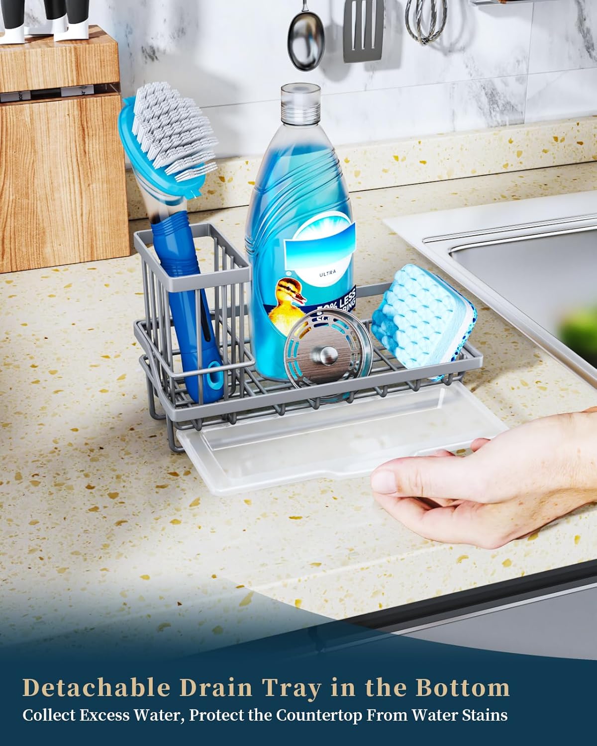 Sponge Holder for Kitchen Sink - Kitchen Sink Caddy Organizer with Removable Drip Tray for Countertop Dish Soap Dispenser Brush Storage Accessories 304 Stainless Steel - Black