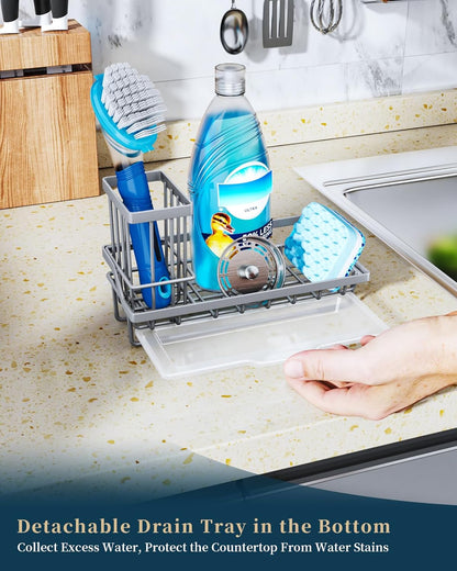 Sponge Holder for Kitchen Sink - Kitchen Sink Caddy Organizer with Removable Drip Tray for Countertop Dish Soap Dispenser Brush Storage Accessories 304 Stainless Steel - Black