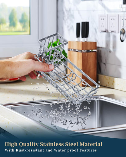 Sponge Holder for Kitchen Sink - Kitchen Sink Caddy Organizer with Removable Drip Tray for Countertop Dish Soap Dispenser Brush Storage Accessories 304 Stainless Steel - Black
