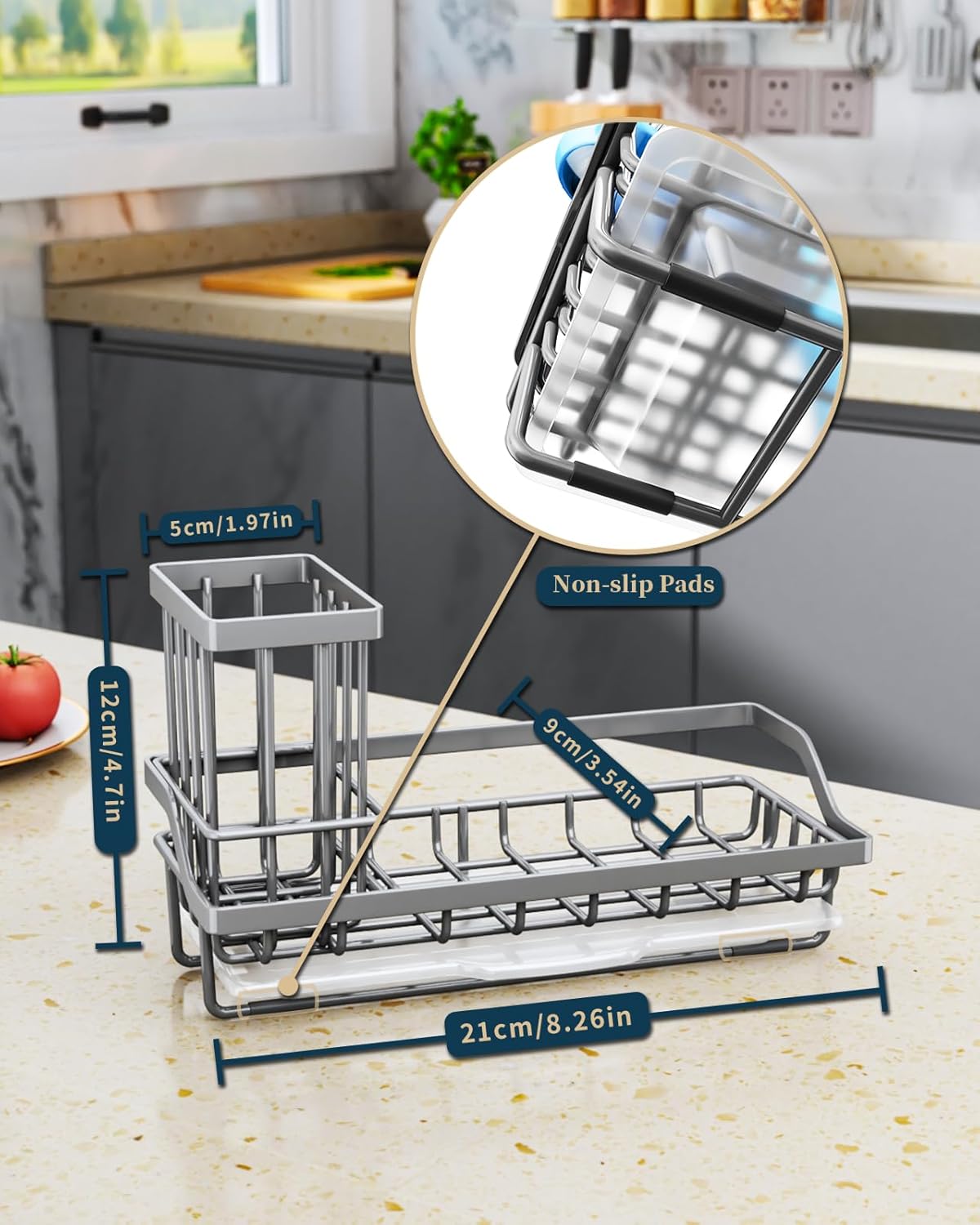 Sponge Holder for Kitchen Sink - Kitchen Sink Caddy Organizer with Removable Drip Tray for Countertop Dish Soap Dispenser Brush Storage Accessories 304 Stainless Steel - Black