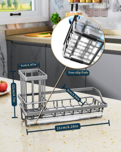 Sponge Holder for Kitchen Sink - Kitchen Sink Caddy Organizer with Removable Drip Tray for Countertop Dish Soap Dispenser Brush Storage Accessories 304 Stainless Steel - Black