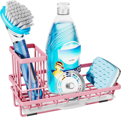 Sponge Holder for Kitchen Sink - Kitchen Sink Caddy Organizer with Removable Drip Tray for Countertop Dish Soap Dispenser Brush Storage Accessories 304 Stainless Steel - Black