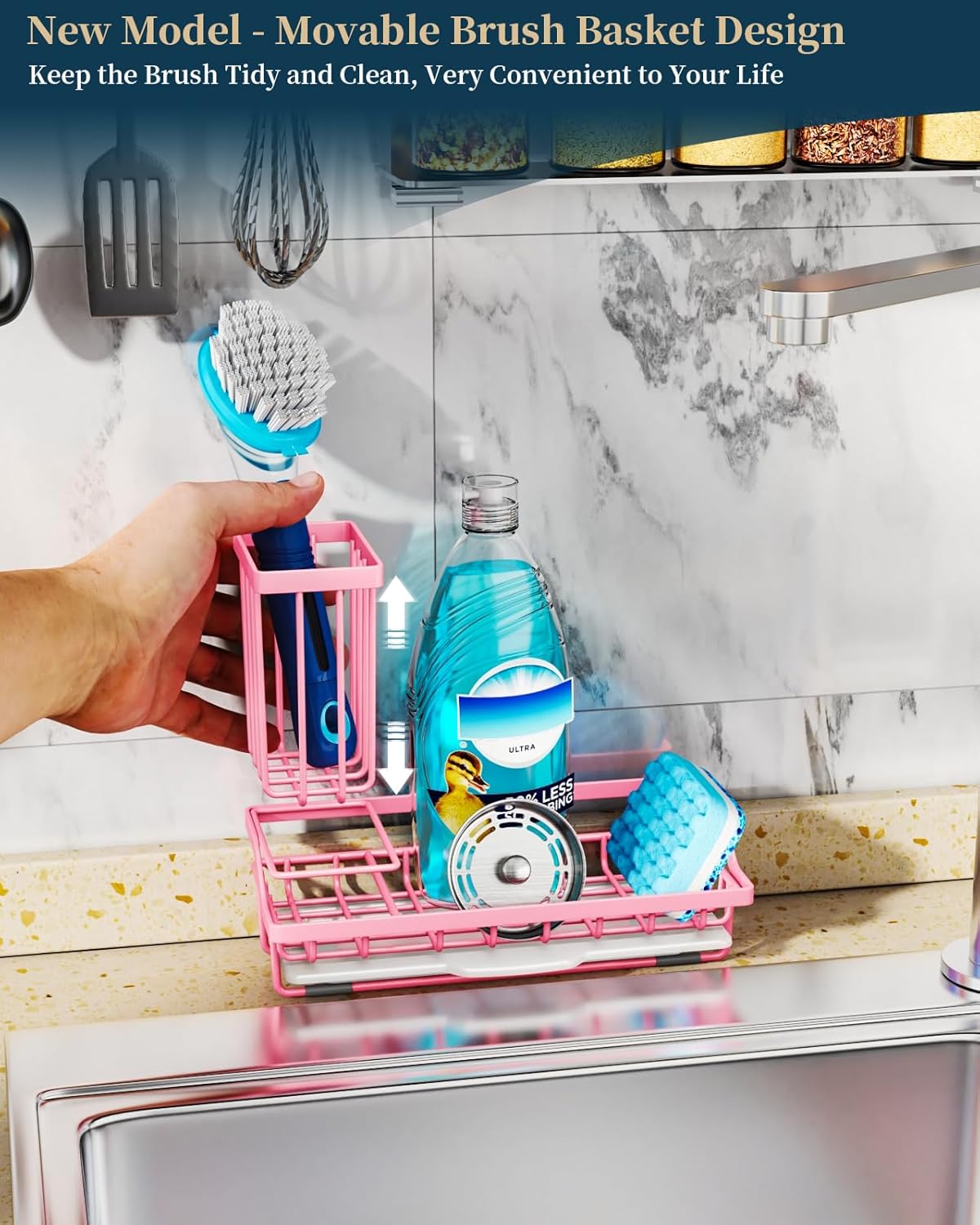Sponge Holder for Kitchen Sink - Kitchen Sink Caddy Organizer with Removable Drip Tray for Countertop Dish Soap Dispenser Brush Storage Accessories 304 Stainless Steel - Black