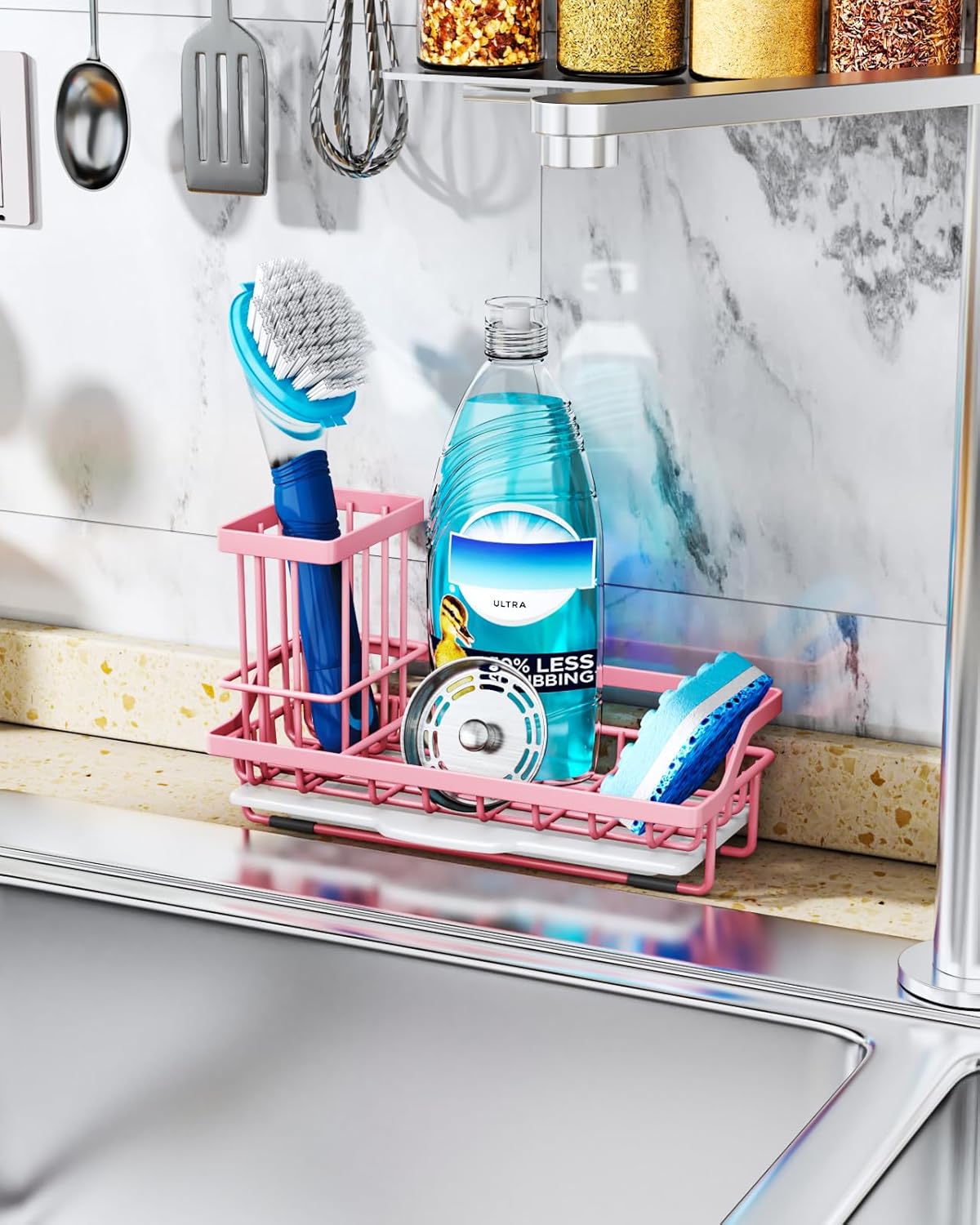 Sponge Holder for Kitchen Sink - Kitchen Sink Caddy Organizer with Removable Drip Tray for Countertop Dish Soap Dispenser Brush Storage Accessories 304 Stainless Steel - Black