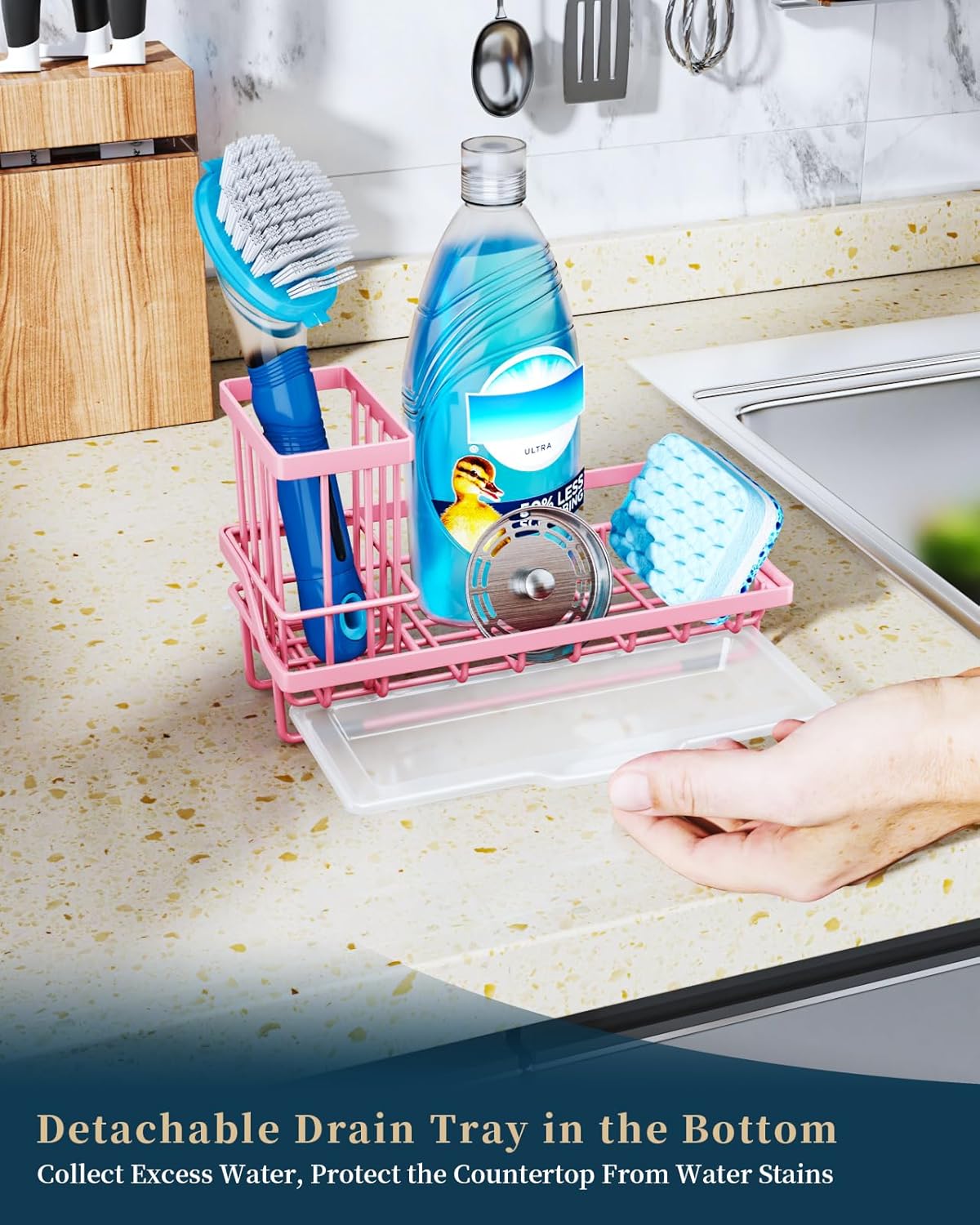 Sponge Holder for Kitchen Sink - Kitchen Sink Caddy Organizer with Removable Drip Tray for Countertop Dish Soap Dispenser Brush Storage Accessories 304 Stainless Steel - Black