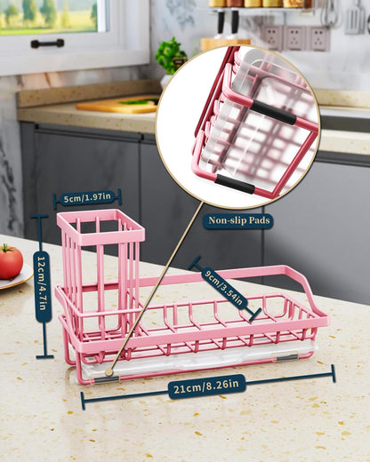 Sponge Holder for Kitchen Sink - Kitchen Sink Caddy Organizer with Removable Drip Tray for Countertop Dish Soap Dispenser Brush Storage Accessories 304 Stainless Steel - Black